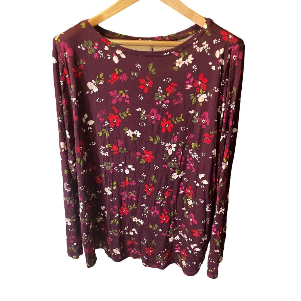 Lane Bryant Dark Red Floral Boat Neck Long Sleeve T Shirt Sz 22